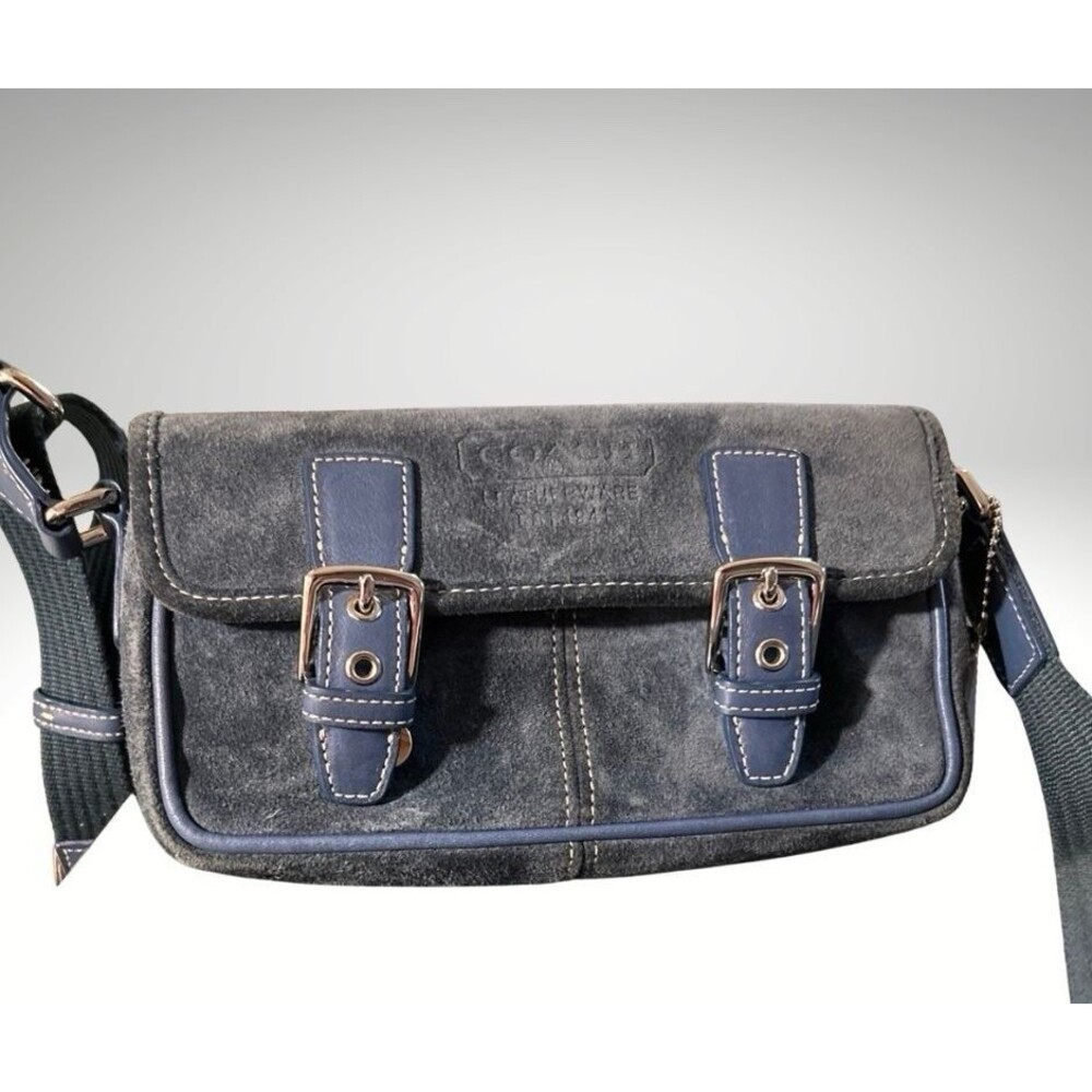 Vintage COACH Blue Suede Crossbody 2004 Silver Hardware With Free Card Case